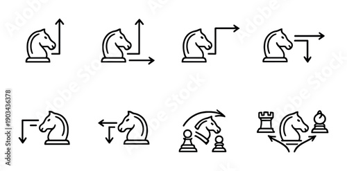 Chess knight movement icons on gray background