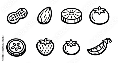 Hand-drawn icons of nuts and fruits on gray background
