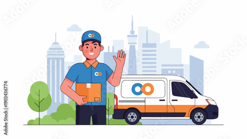 A delivery person with a box stands next to a delivery van in a city