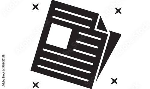 Newspaper icon with folded page and article layout, bold black silhouette symbol for news media, journalism, press release, headline concept in flat design