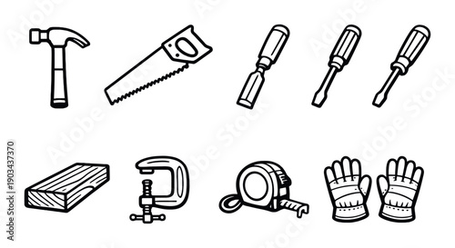 Set of hand tools on dark background: hammer, saw, screwdrivers, gloves, and more