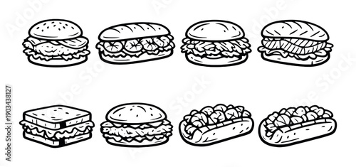 Monochrome sandwich and burger icons on dark background