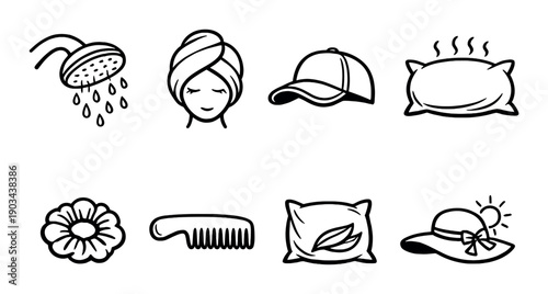 Symbols of shower, hair care, pillow, flowers, and hat on black background