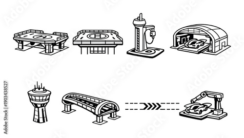Futuristic urban transport icons: helipad, charging station, parking garage, control tower
