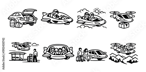 Futuristic air travel concepts: flying cars and drones in black and white illustrations