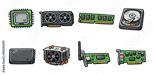 Illustrated computer hardware components including cpu gpu ram ssd hdd