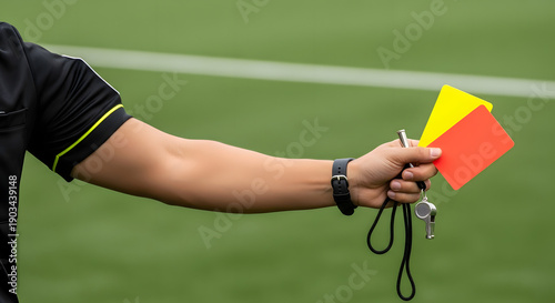 Referee holding yellow and red cards on a soccer field