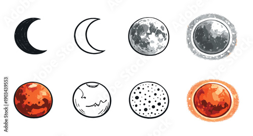 Phases of the moon and mars: artistic representations in varying styles and colors