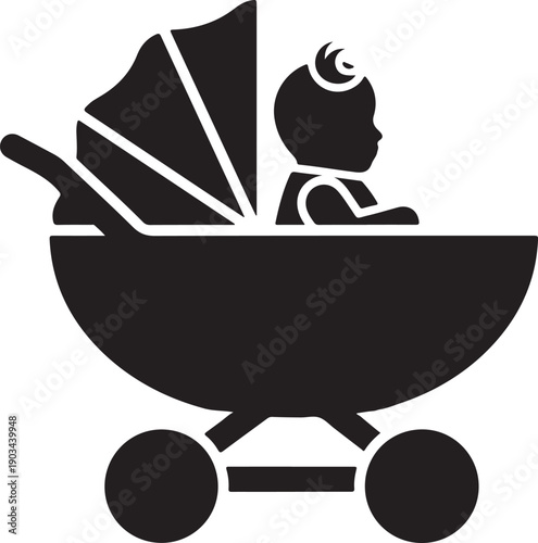 A black and white illustration of a baby in a stroller with an umbrella. isolated on white background, illustration