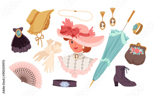 Collection of Victorian era fashion accessories including hats, gloves, jewelry, boots, fan, and parasol, ideal for historical or vintage themed design isolated on white background vector illustration