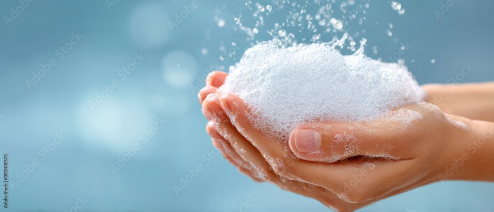 Fototapeta premium Hands holding foamy soap bubbles