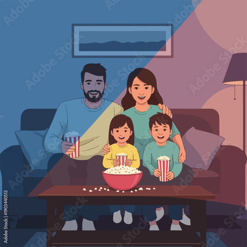 A family enjoying a movie night on a couch with popcorn
