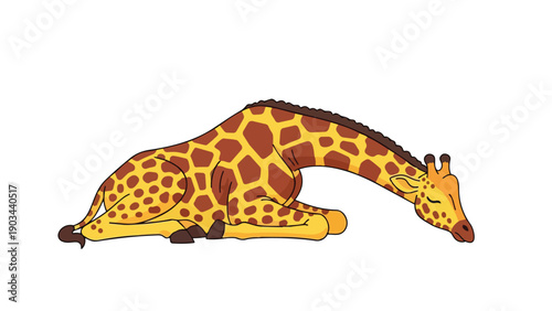 A serene cartoon giraffe rests peacefully on the ground, showcasing its iconic patterned coat and tranquil posture
