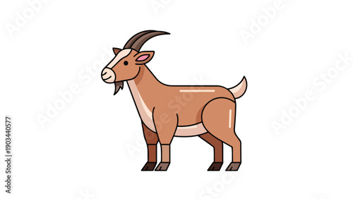 Stylized brown goat with horns and beard on white, digital illustration of a farm animal