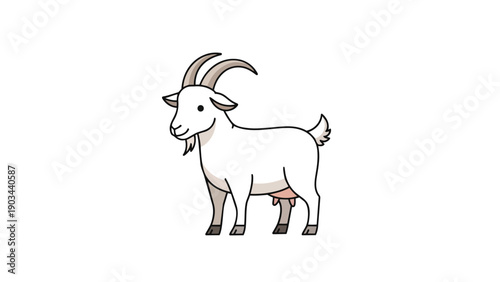 Charming cartoon white goat with horns and udder standing on a clean white background farm animal illustration