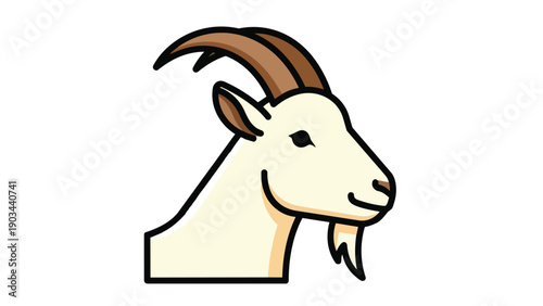 A friendly white goat head vector, cartoon style, featuring brown horns and a distinct goatee, isolated on a clean white background, ideal for