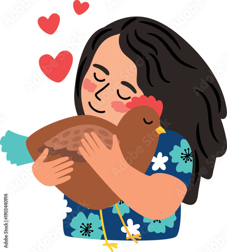 Girl hug hen. Kid loving farm bird drawing