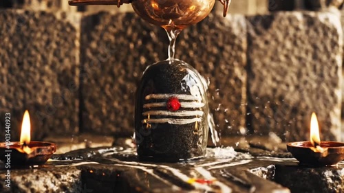 Shiva Linga inside stone sanctum with water dripping from copper pot for abhishekam ritual. 