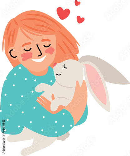 Loving pet color drawing. Girl hug bunny