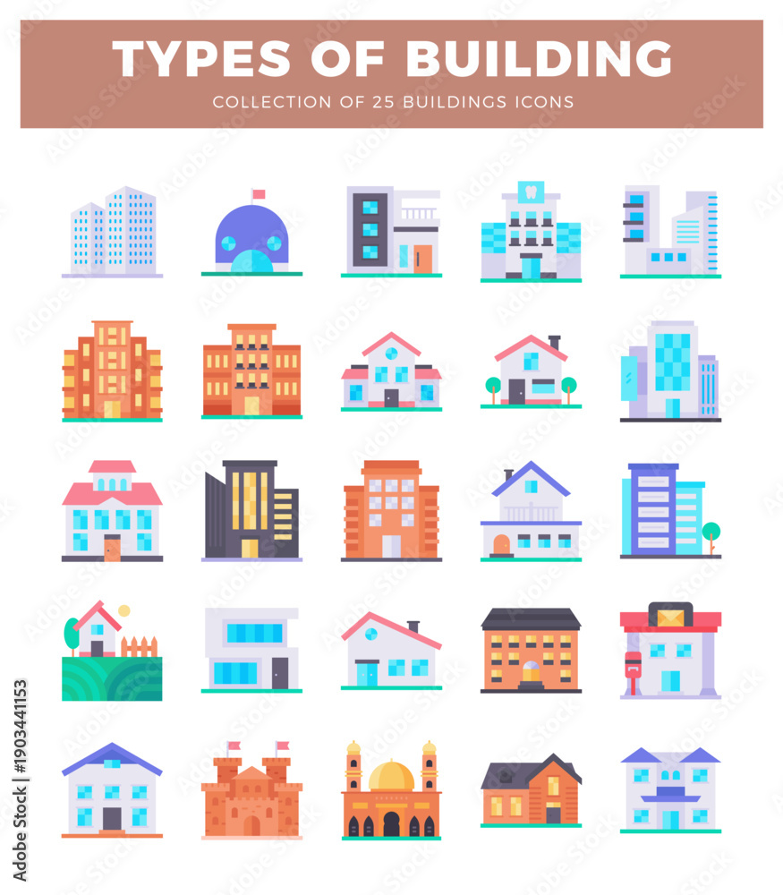 Fototapeta premium 25 flat building icons in a grid with diverse architectural styles