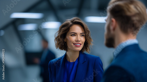 businesswoman in blue suit talking to male colleague in clinic, confident female professional discussing with male coworker in modern office, stylish businesswoman having a meeting with male colleague