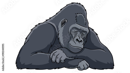 Illustrated grey gorilla in deep repose, eyes closed, reflecting quietude and peaceful rest