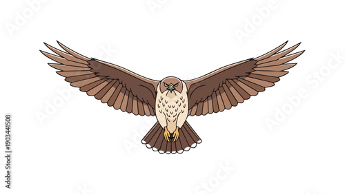 Illustrative design of a soaring brown raptor, wings fully unfurled, captured in a striking moment of powerful flight, showcasing avian majesty and