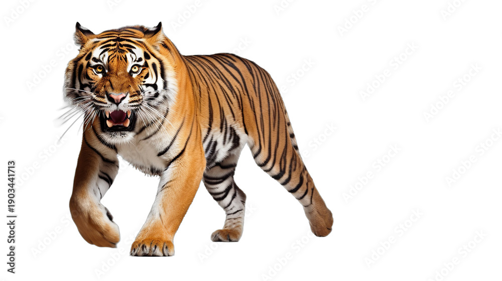 Obraz premium A Striking Bengal Tiger Striding Forward Across a Dark Background with Open Mouth