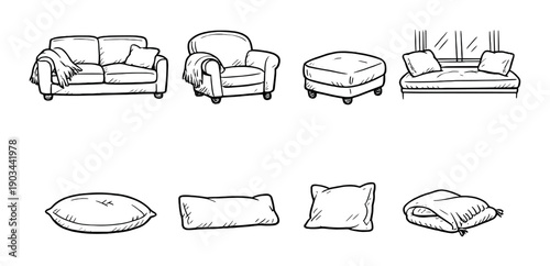 Hand-drawn sofa armchair ottoman window seat and various cushions