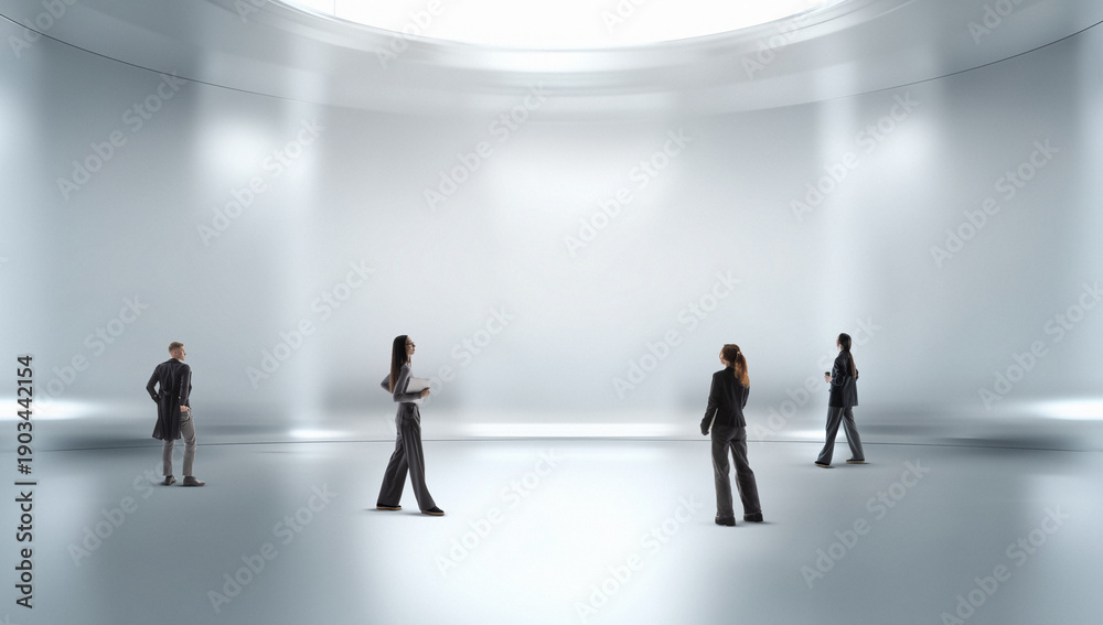 Fototapeta premium Minimalist poster people exploring vast white interior with quiet curiosity. Concept of modern architecture, real estate launch, collaboration, innovation mindset, clean corporate visual storytelling.