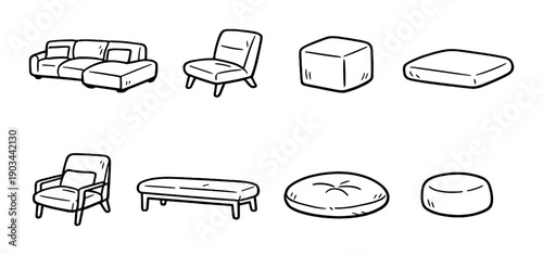 Minimalist hand-drawn furniture collection on gray background