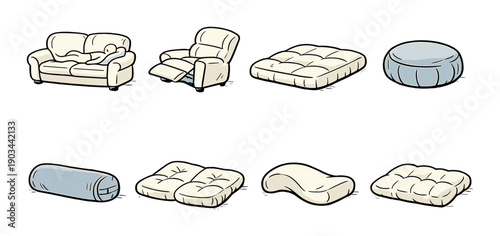 Collection of cartoon cushions and furniture pieces in neutral tones