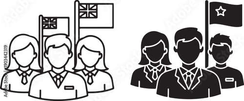 Diverse group of people holding flags and wearing different uniforms isolated on white background, illustration