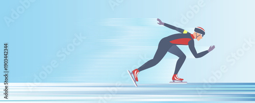 Speed Skater in dynamic motion on ice rink. Athlete wears aerodynamic suit, helmet and skates. Low posture, motion blur emphasize speed and precision of competitive games winter sport Speed Skating.