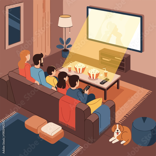 A family gathers on the couch to watch a film in their home