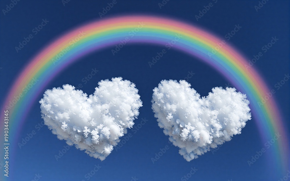 Fototapeta premium Rainbow arches over two heart-shaped clouds against deep blue sky.