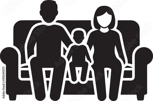 A family of three sitting together on a couch in a living room isolated on white background, illustration