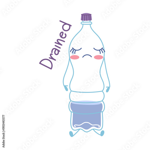 Cute kawaii plastic bottle character with drained emotion and lettering. Funny blue water bottle sticker for social media, hydration reminders, recycling posters or lifestyle design projects