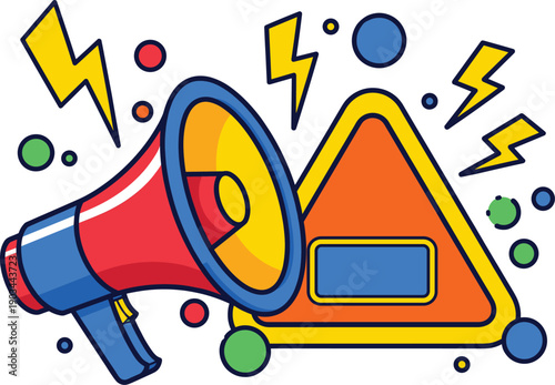 Red and Blue Megaphone with Orange Warning Sign and Lightning Bolts Surrounded by Colorful Circles Representing Alert, Announcement, and Promotional Campaign