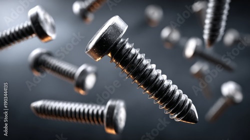 Dynamic 3D render of floating hex head wood screws and Phillips head self-tapping screws in dark graphite and brushed steel tones against a matte graphite grey background