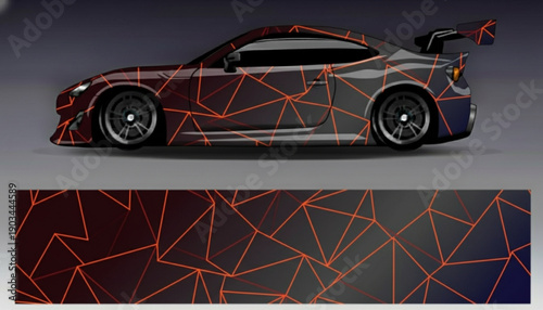 Custom car wrap design with abstract geometric orange lines on a dark gradient background.