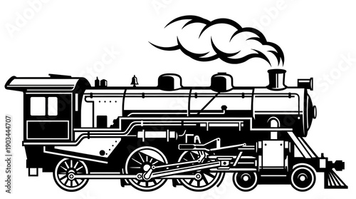 Vintage Black and white steam locomotive train illustration isolated on white background