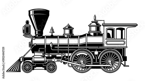 Vintage Black and white steam locomotive train illustration isolated on white background