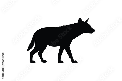 A single silhouette of a hyena isolated on a clean white background, depicting a walking pose with detail
