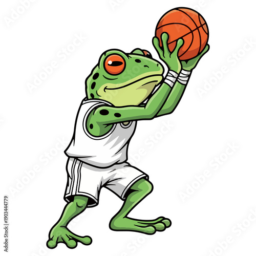 Cute frog basketball player mascot shooting ball, green cartoon amphibian athlete in white uniform, sporty animal character illustration for logo, team, kids design, vector
