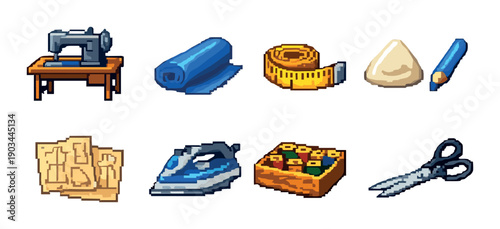 Pixel art sewing tools set: sewing machine, fabric, tape measure, chalk, pattern, iron, thread, scissors