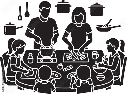 A family of five preparing a meal together in a cozy kitchen setting. isolated on white background, illustration