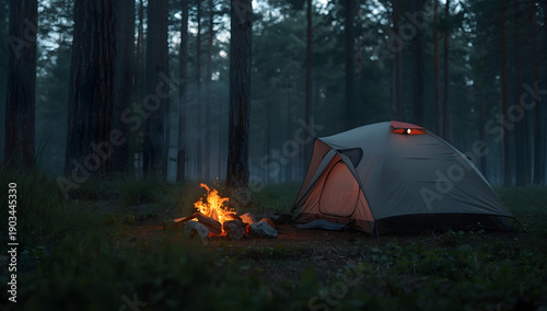 Camping in the forest at night, with a campfire in front of the tent