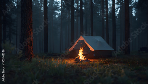 Camping in the forest at night, with a campfire in front of the tent