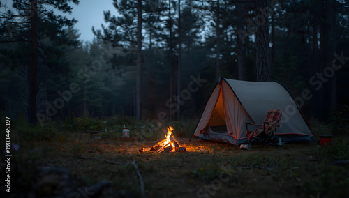 Camping in the forest at night, with a campfire in front of the tent